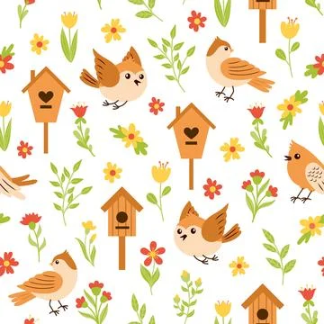 Seamless pattern with birds, flowers and birdhouses Stock Illustration