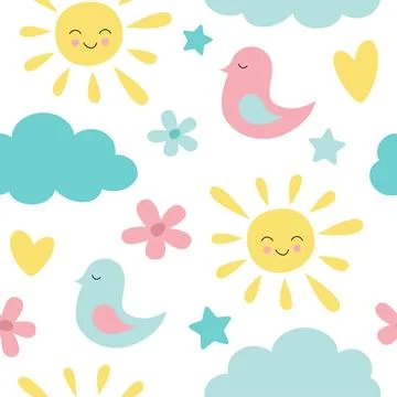 Seamless pattern with birds, hearts and flowers. Vector illustration Stock Illustration