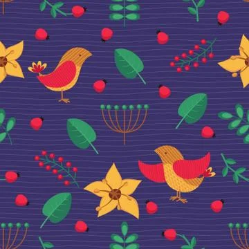 Seamless pattern with birds, leaves, berries and flowers. Stock Illustration