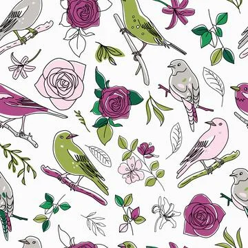 Seamless pattern. Birds nature animals illustration. Cute hand drawn bird  Stock Illustration
