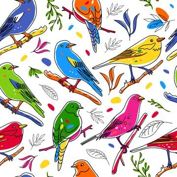 Seamless pattern. Birds nature animals illustration. Cute hand drawn bird and Stock Illustration
