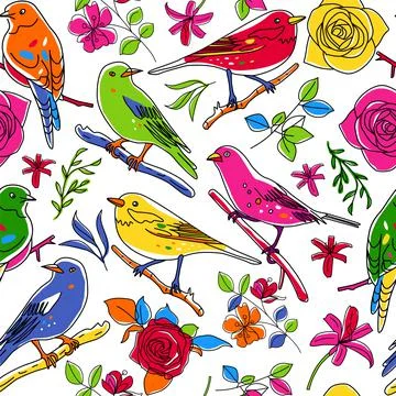 Seamless pattern. Birds nature animals illustration. Cute hand drawn bird and Stock Illustration