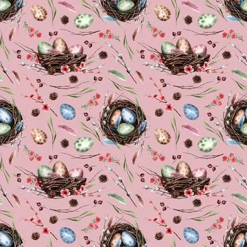 Seamless pattern with bird's nest and eggs for Easter on a pink background. B 스톡 일러스트