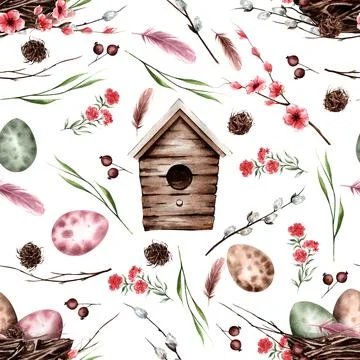 Seamless pattern with bird's nest and eggs for Easter on a white background. Illustrazione stock