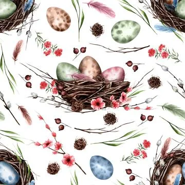 Seamless pattern with bird's nest and eggs for Easter. Branches, feathers, ne Stock Illustration