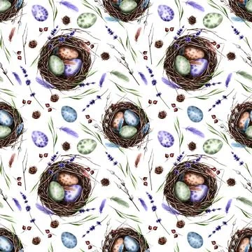 Seamless pattern with bird's nest and eggs for Easter. Branches, feathers, ne Stock Illustration