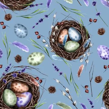 Seamless pattern with bird's nest and eggs for Easter on a blue background. B Stock Illustration