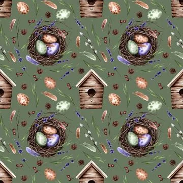 Seamless pattern with bird's nest and eggs for Easter on a green background. Ilustración de archivo