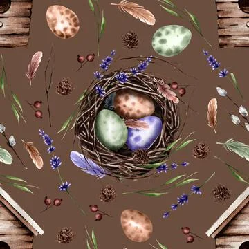 Seamless pattern with bird's nest and eggs for Easter on a brown background. 스톡 일러스트