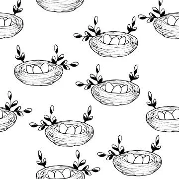Seamless pattern with Bird's Nest, Easter eggs and branches isolated on white イラスト素材