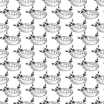 Seamless pattern with Bird's Nest, Easter eggs and branches isolated on white Stock Illustration