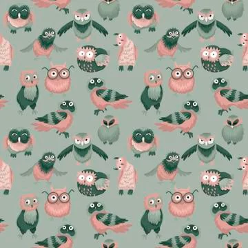 Seamless pattern, birds of an owl, different characters. Vector illustration Stock Illustration