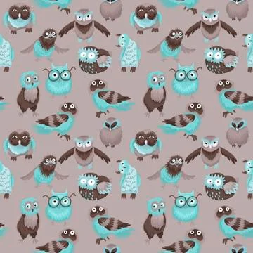 Seamless pattern, birds of owl, different characters. Vector illustration Stock Illustration