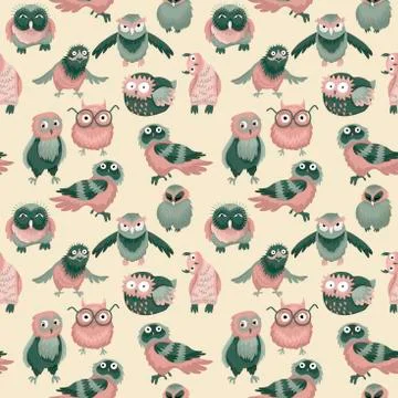 Seamless pattern, birds of an owl, different characters. Vector illustration Illustrazione stock