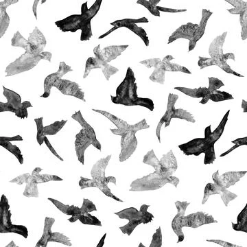 Seamless pattern birds silhouettes gray watercolor with granulation Stock Illustration