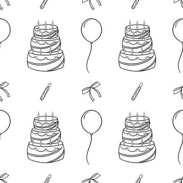 Seamless pattern birthday cake with balloon, ribbon and candles Stock Illustration