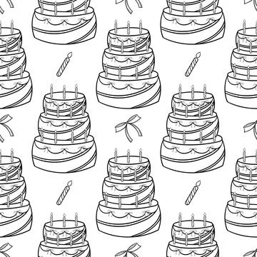 Seamless pattern birthday cake with ribbon and candles Stock Illustration