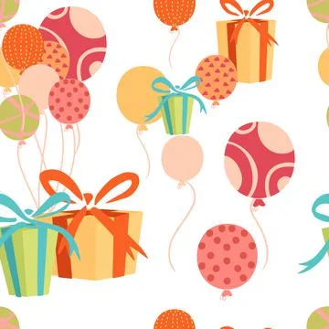 Seamless pattern of birthday cake striped candles and air balloons birthday Stock Illustration