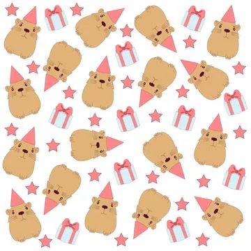 Seamless pattern with birthday capybara. Stock Illustration