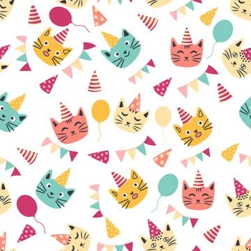 Seamless pattern of birthday celebration elements - balloons, gifts, flag, ca Stock Illustration