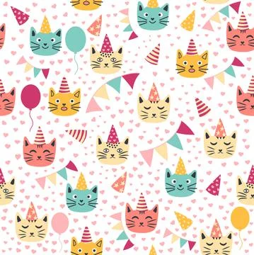 Seamless pattern of birthday celebration elements - balloons, gifts, flag, ca Stock Illustration