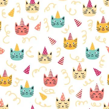 Seamless pattern of birthday celebration elements - balloons, gifts, flag, ca Stock Illustration