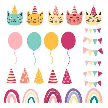 Seamless pattern of birthday celebration elements - balloons, gifts, flag, ca Stock Illustration