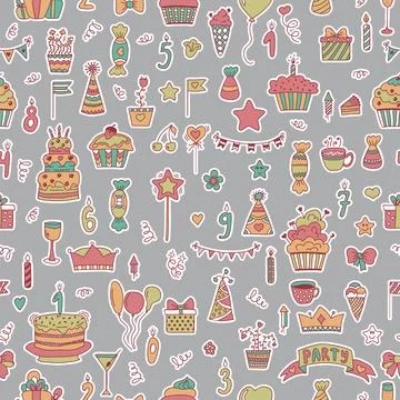 Seamless pattern with Birthday elements on grey background Stock Illustration