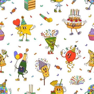 Seamless pattern with birthday holiday characters Stock Illustration