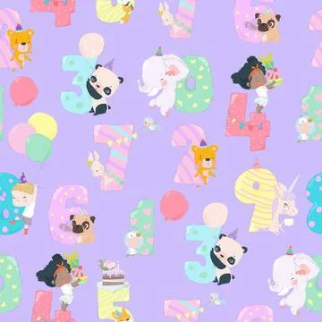 Seamless Pattern with Birthday Numbers Animals and Kids Stock Illustration