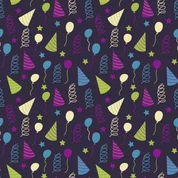 Seamless pattern with birthday party decorative icons set with balloons, conf Stock Illustration