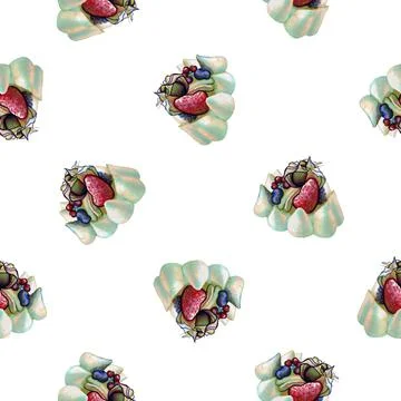 Seamless pattern biscuit cake with berries Anna Pavlova drawn with markers Stock Illustration