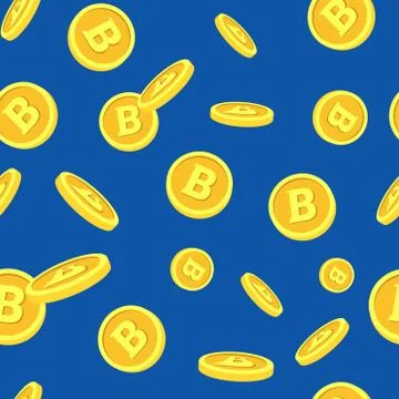 Seamless Pattern With Bitcoins Falling Down On Blue Background Crypto Currency Stock Illustration