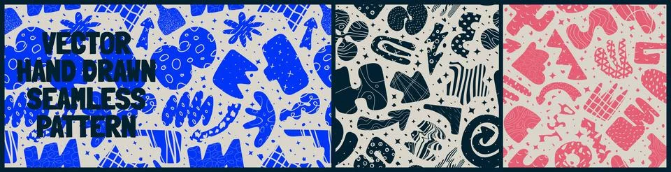 Seamless pattern with bizarre abstract geometric unusual shapes and forms w.. Stock Illustration