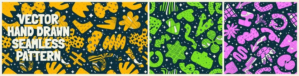 Seamless pattern with bizarre abstract geometric unusual shapes and forms w.. Stock Illustration