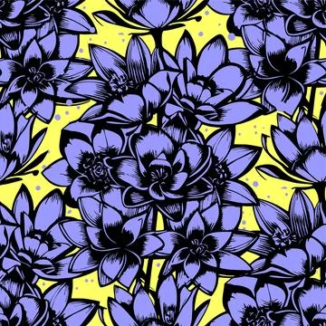Seamless pattern of black and blue flowers on a yellow background, texture,.. Stock Illustration