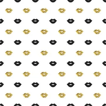Seamless pattern with black and gold lips kiss shapes. Valentines day. Stock Illustration
