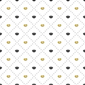 Seamless pattern with black and gold lips kiss shapes. Valentines day. Stock Illustration