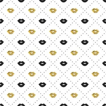Seamless pattern with black and gold lips kiss shapes. Valentines day. Stock Illustration