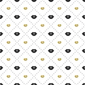 Seamless pattern with black and gold lips kiss shapes. Valentines day. Stock Illustration