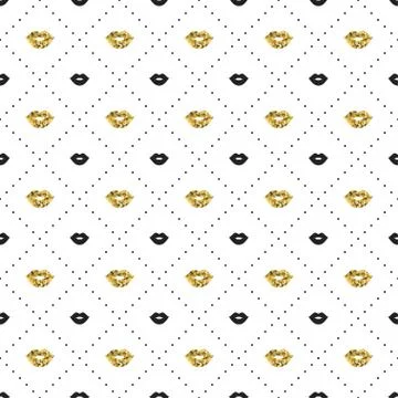Seamless pattern with black and gold lips kiss shapes. Valentines day. Stock Illustration