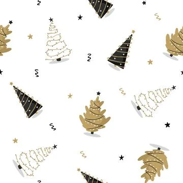 Seamless pattern with black and gold christmas tree. Winter season print. New Illustrazione stock
