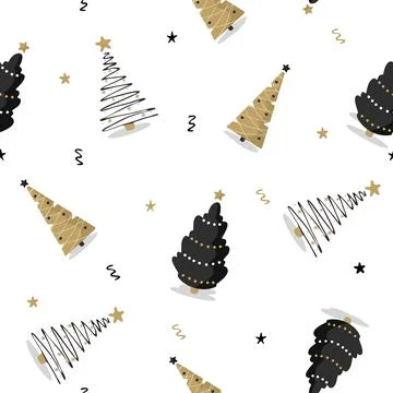 Seamless pattern with black and gold christmas tree. Winter season print. New Illustrazione stock