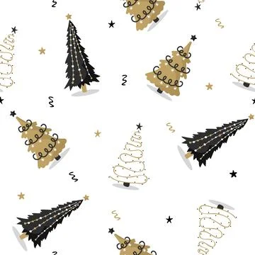 Seamless pattern with black and gold christmas tree. Winter season print. New Illustrazione stock
