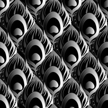 Seamless pattern of black and gray volumetric peacock feathers, texture Stock Illustration