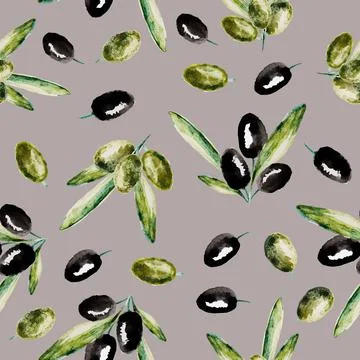 Seamless pattern with black and green olive branches on grey background. Hand Stock Illustration