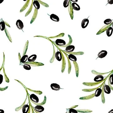 Seamless pattern with black and green olive branches on white background. Hand Stock Illustration