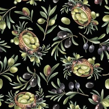 Seamless pattern with black and green olive branches and wooden bowl on black Illustrazione stock