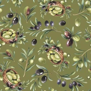 Seamless pattern with black and green olive branches and wooden bowl on green Stock Illustration