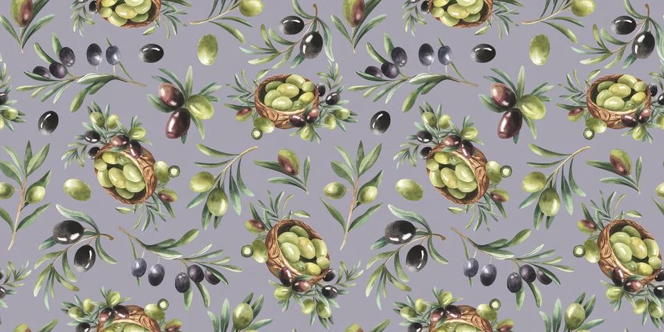 Seamless pattern with black and green olive branches and wooden bowl on grey Stock Illustration